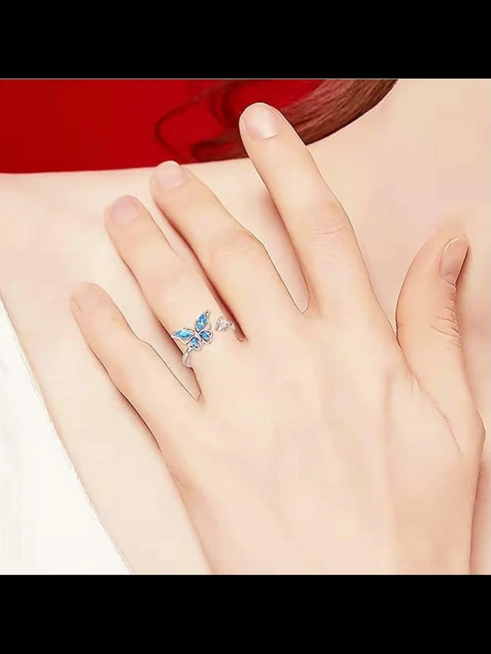Blue Cubic Zirconia Butterfly Spinner Fidget Statement Ring